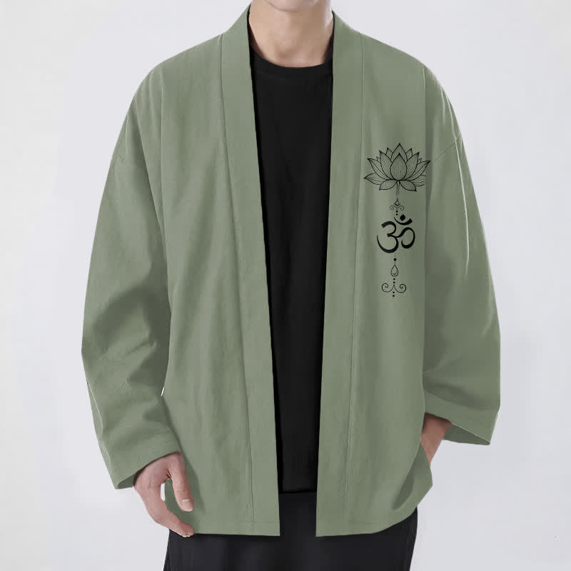 Buddha Stones 綿素材の禅蓮柄オープンフロントメンズ着物 - ダークシーグリーン - US/UK/AU48、 EU58 (4XL) - image 6