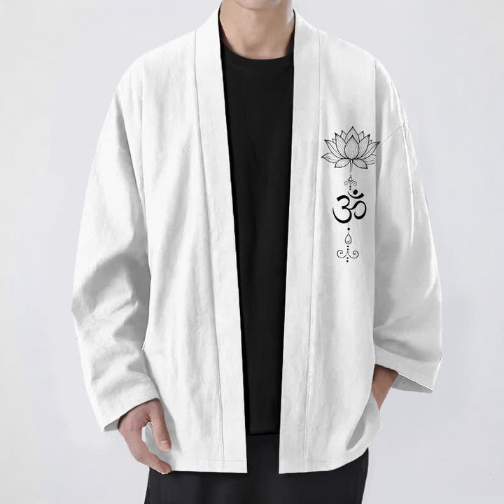Buddha Stones 綿素材の禅蓮柄オープンフロントメンズ着物 - 白 - US/UK/AU48、 EU58 (4XL) - image 9