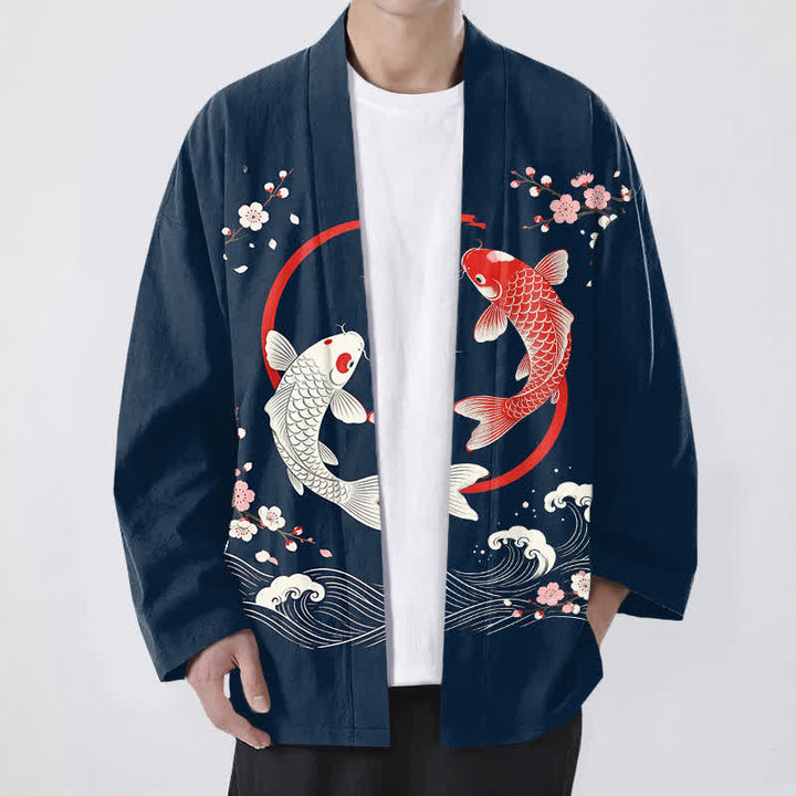 Buddha Stones 綿ツイン鯉桜波模様前開きメンズ着物 - 海軍 - US/UK/AU48、 EU58 (4XL) - image 0