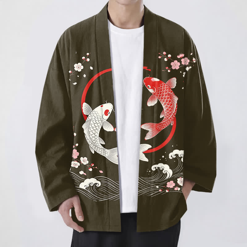 Buddha Stones 綿ツイン鯉桜波模様前開きメンズ着物 - オリーブ - US/UK/AU48、 EU58 (4XL) - image 6