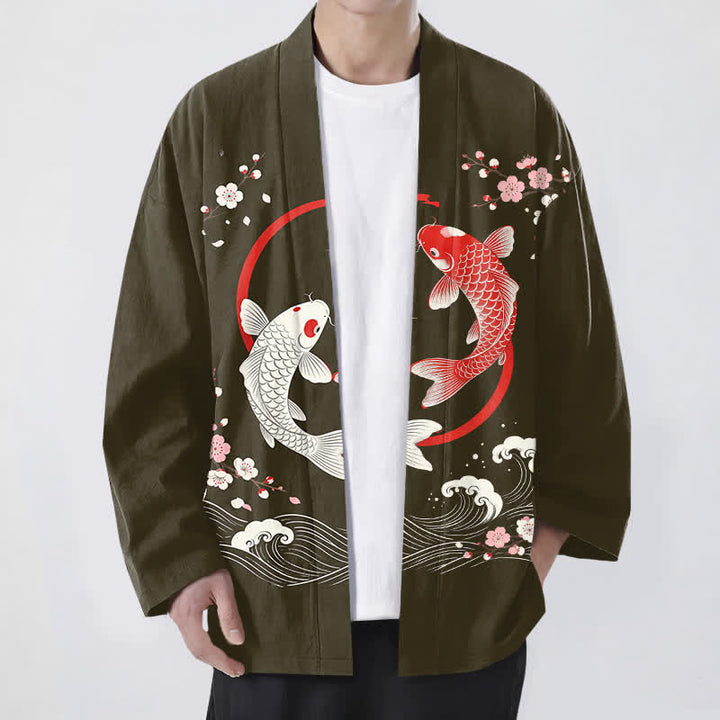 Buddha Stones 綿ツイン鯉桜波模様前開きメンズ着物 - オリーブ - US/UK/AU48、 EU58 (4XL) - image 6