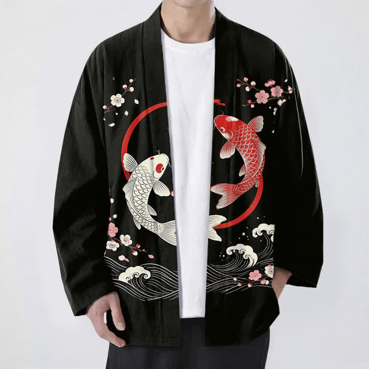 Buddha Stones 綿ツイン鯉桜波模様前開きメンズ着物 - 黒 - US/UK/AU48、 EU58 (4XL) - image 9