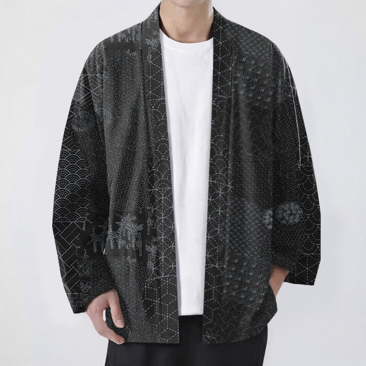 Buddha Stones 綿素材の青海波朝乃葉柄前開き男性用着物 - 黒 - US/UK/AU48、 EU58 (4XL) - image 6