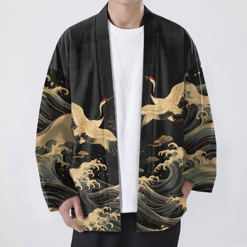 Buddha Stones 綿素材、金鶴の波模様、前開きメンズ着物 - 黒 - US/UK/AU48、 EU58 (4XL) - image 0