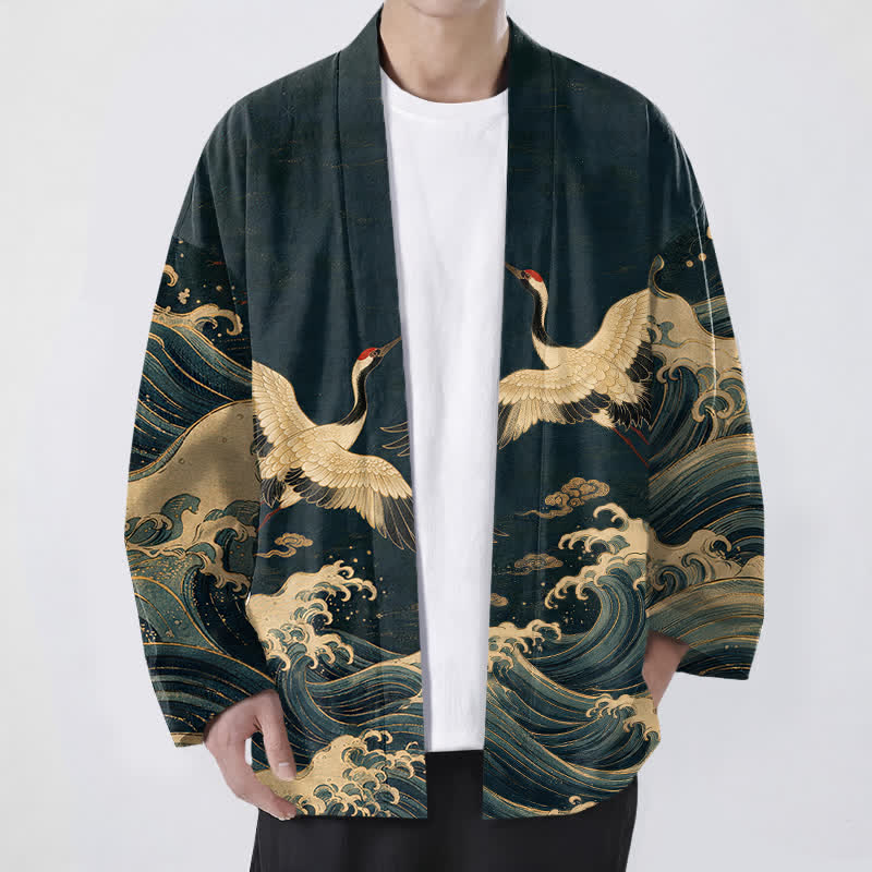 Buddha Stones 綿素材、金鶴の波模様、前開きメンズ着物 - 海軍 - US/UK/AU48、 EU58 (4XL) - image 6