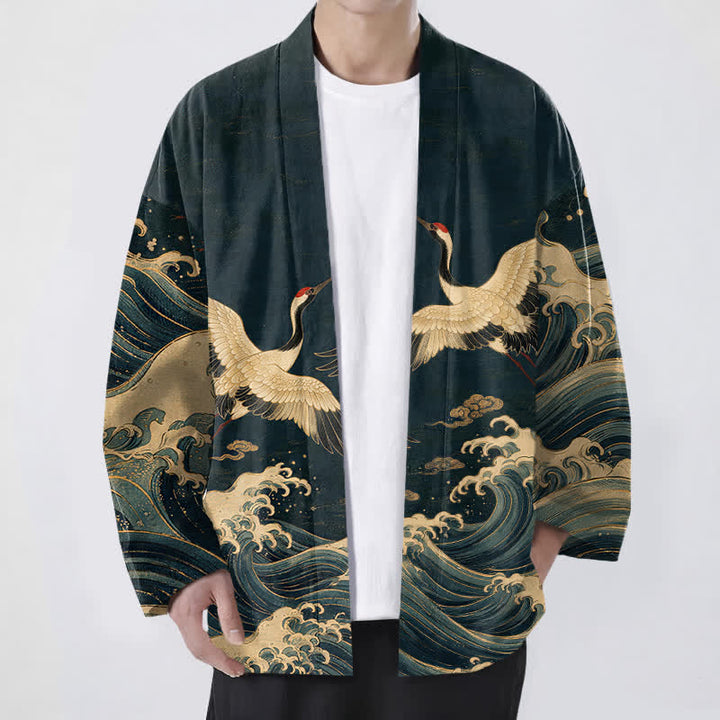 Buddha Stones 綿素材、金鶴の波模様、前開きメンズ着物 - 海軍 - US/UK/AU48、 EU58 (4XL) - image 6