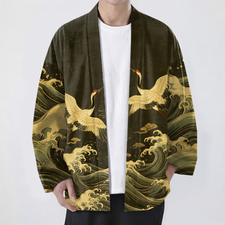 Buddha Stones 綿素材、金鶴の波模様、前開きメンズ着物 - オリーブ - US/UK/AU48、 EU58 (4XL) - image 9