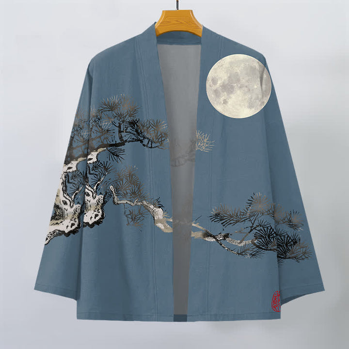 Buddha Stones 綿素材、満月と松の木柄、前開きメンズ着物 - image 1