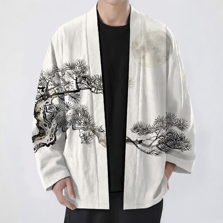 Buddha Stones 綿素材、満月と松の木柄、前開きメンズ着物 - 象牙 - US/UK/AU48、 EU58 (4XL) - image 6
