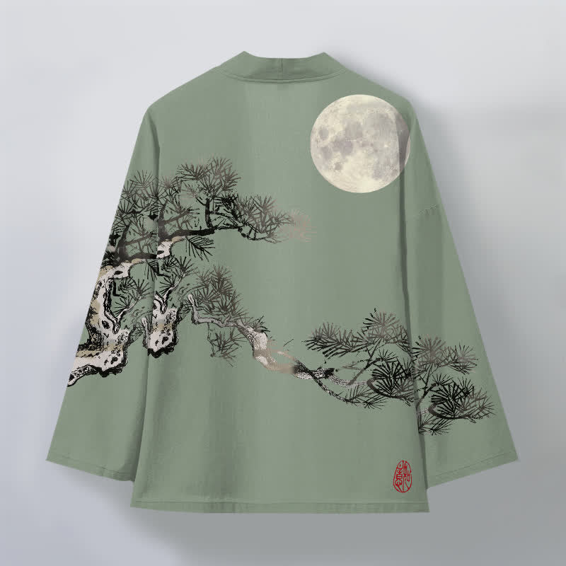 Buddha Stones 綿素材、満月と松の木柄、前開きメンズ着物 - image 11