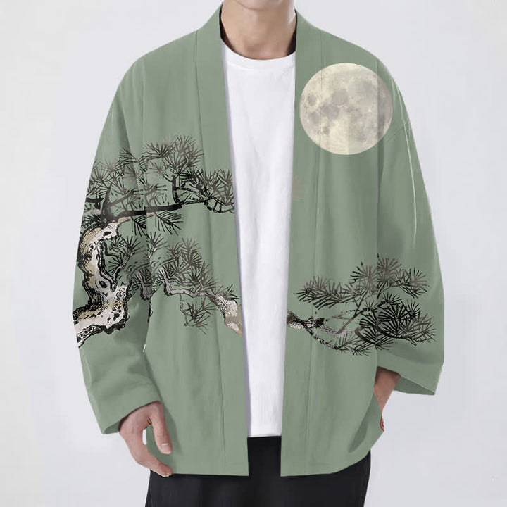 Buddha Stones 綿素材、満月と松の木柄、前開きメンズ着物 - ダークシーグリーン - US/UK/AU48、 EU58 (4XL) - image 9