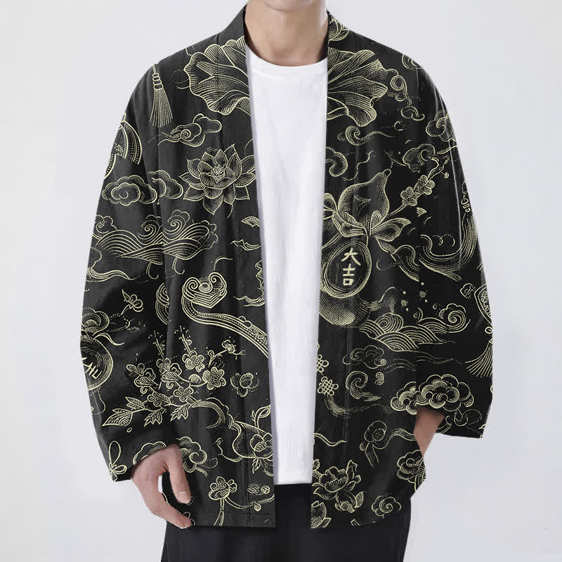 Buddha Stones 綿素材の蓮の雲模様のラインワーク柄、前開きのメンズ着物 - 黒 - US/UK/AU48、 EU58 (4XL) - image 0