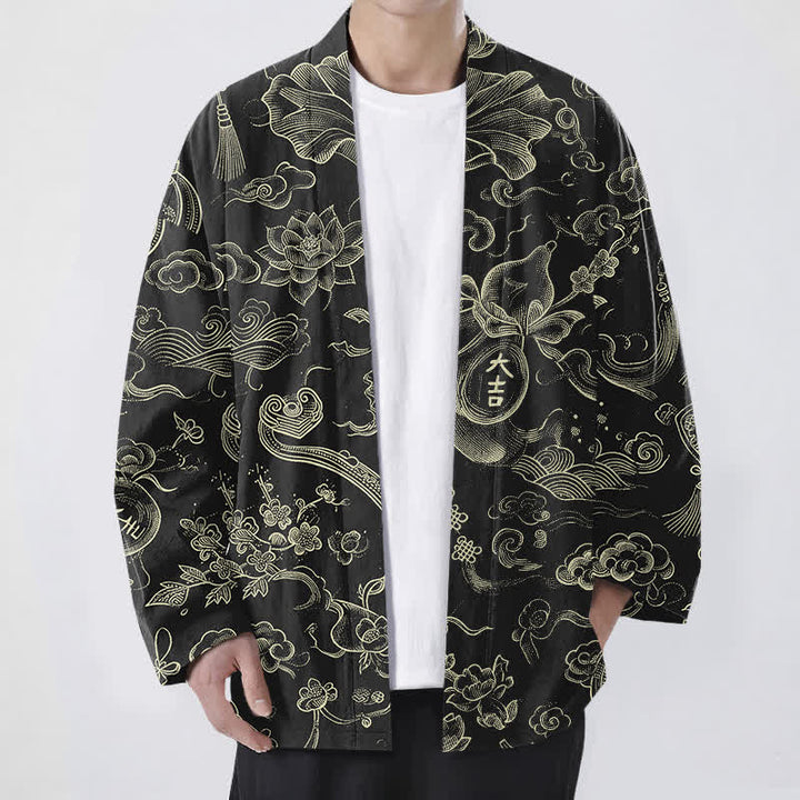Buddha Stones 綿素材の蓮の雲模様のラインワーク柄、前開きのメンズ着物 - 黒 - US/UK/AU48、 EU58 (4XL) - image 0