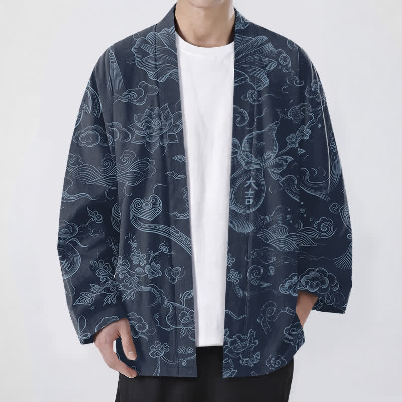 Buddha Stones 綿素材の蓮の雲模様のラインワーク柄、前開きのメンズ着物 - 海軍 - US/UK/AU48、 EU58 (4XL) - image 9