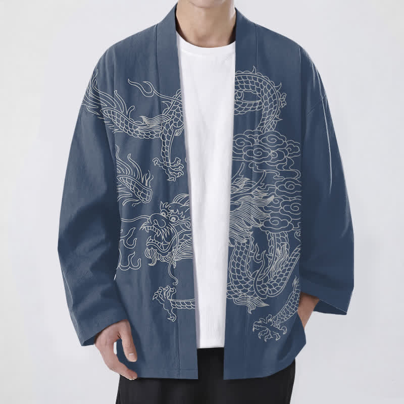 Buddha Stones 綿素材の白龍雲柄前開きメンズ着物 - スチールブルー - US/UK/AU48、 EU58 (4XL) - image 0