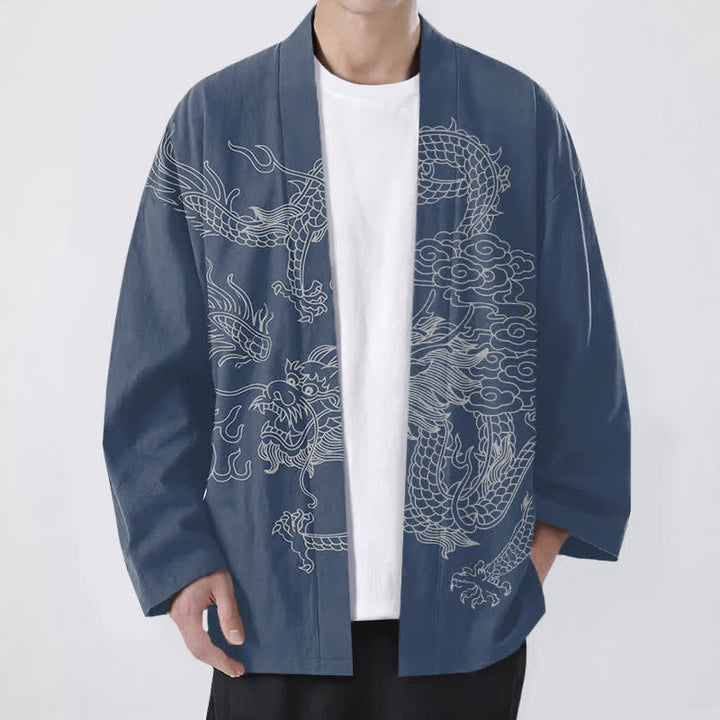 Buddha Stones 綿素材の白龍雲柄前開きメンズ着物 - スチールブルー - US/UK/AU48、 EU58 (4XL) - image 0