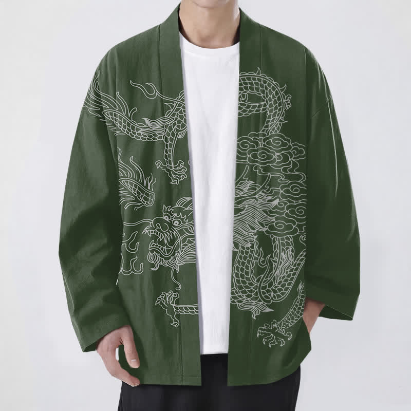 Buddha Stones 綿素材の白龍雲柄前開きメンズ着物 - ダークグリーン - US/UK/AU48、 EU58 (4XL) - image 6