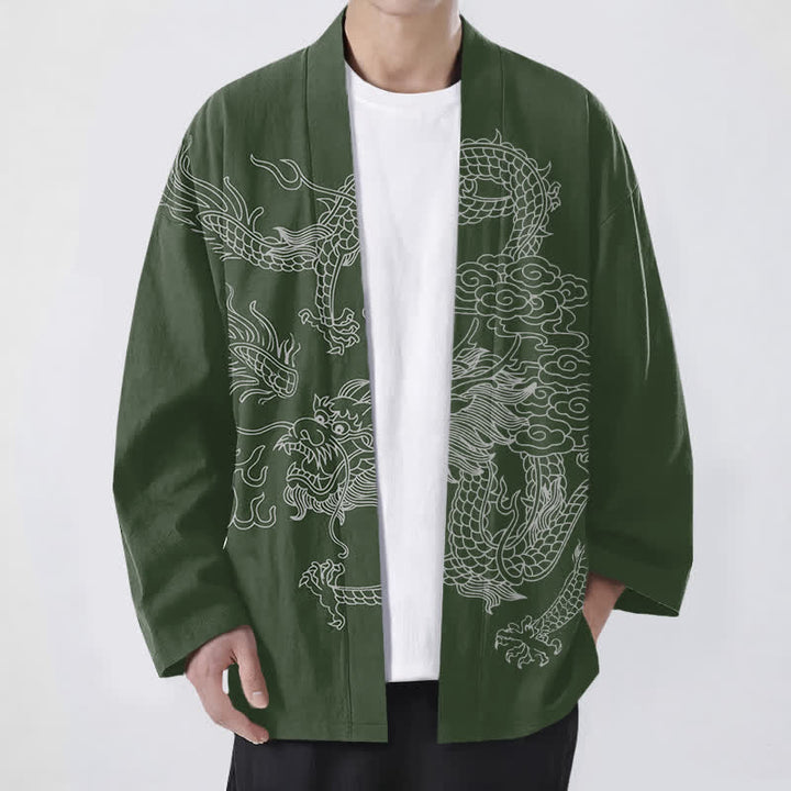 Buddha Stones 綿素材の白龍雲柄前開きメンズ着物 - ダークグリーン - US/UK/AU48、 EU58 (4XL) - image 6