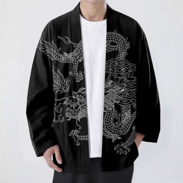 Buddha Stones 綿素材の白龍雲柄前開きメンズ着物 - 黒 - US/UK/AU48、 EU58 (4XL) - image 9