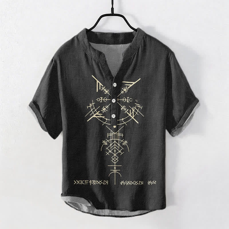 Buddha Stones コットン製トライバル幾何学模様ルーン柄メンズ半袖ハーフボタンシャツ - 黒 - US/UK/AU50、EU60（5XL） - image 5