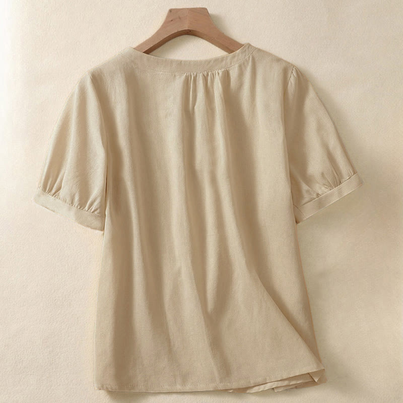 Buddha Stonesカジュアル レディース 無地 クルーネック ボタンデザイン ハーフスリーブ リネンシャツ - image 1