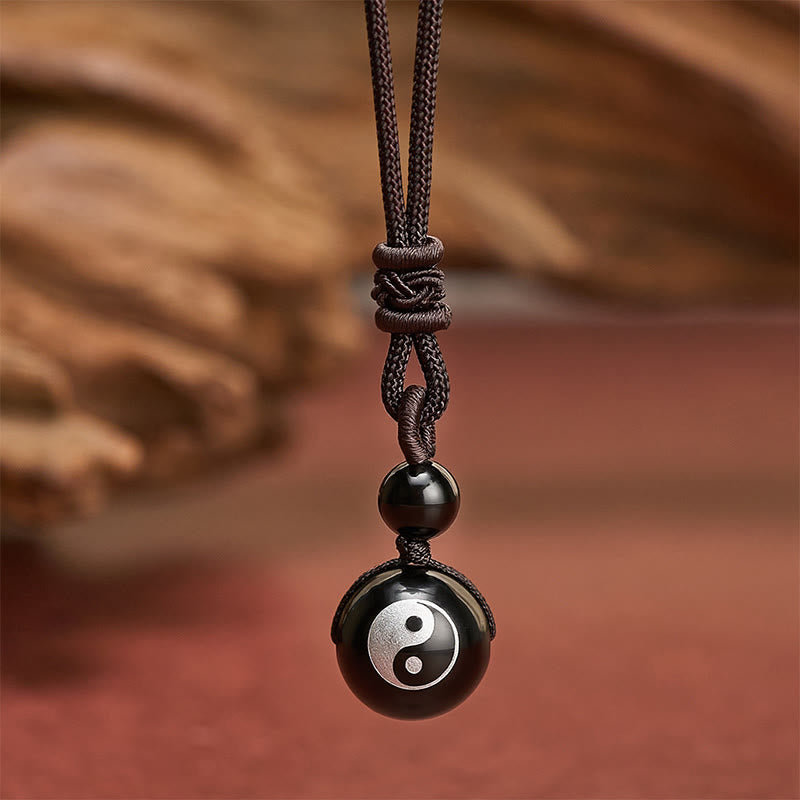 Buddha Stones 黒曜石彫刻の浄化陰陽ネックレスペンダント - 陰陽銀箔模様 - 26.8インチ / 68cm - image 0