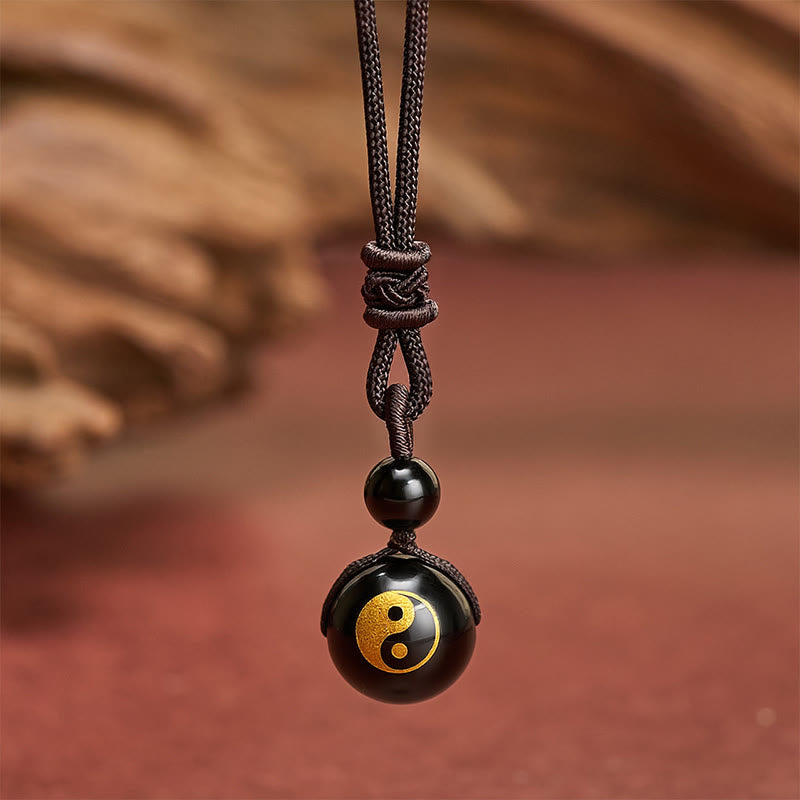 Buddha Stones 黒曜石彫刻の浄化陰陽ネックレスペンダント - 陰陽金箔押し模様 - 26.8インチ / 68cm - image 6