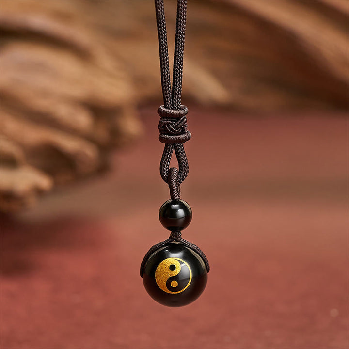 Buddha Stones 黒曜石彫刻の浄化陰陽ネックレスペンダント - 陰陽金箔押し模様 - 26.8インチ / 68cm - image 6