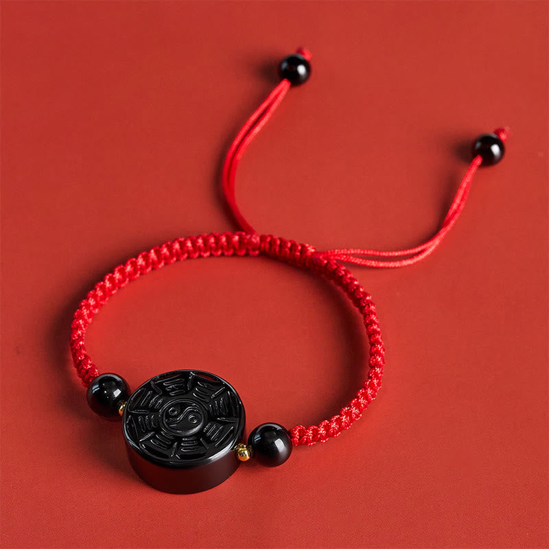 Buddha Stones 赤紐と黒曜石の丸い八卦良縁祈願ブレスレット - image 2
