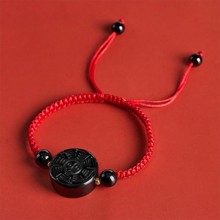 Buddha Stones 赤紐と黒曜石の丸い八卦良縁祈願ブレスレット - image 2