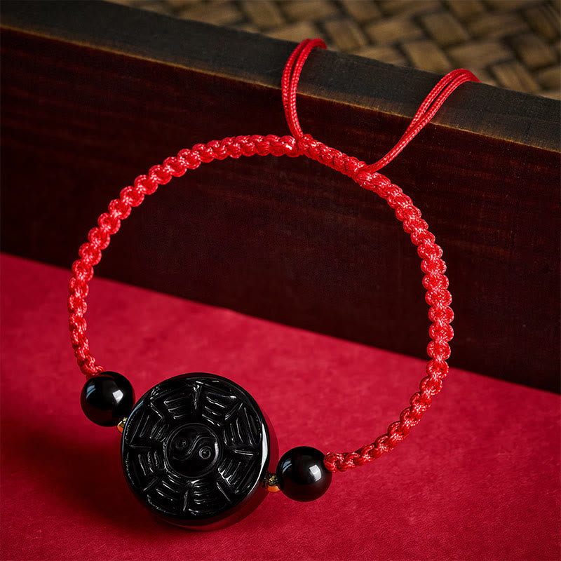 Buddha Stones 赤紐と黒曜石の丸い八卦良縁祈願ブレスレット - image 1