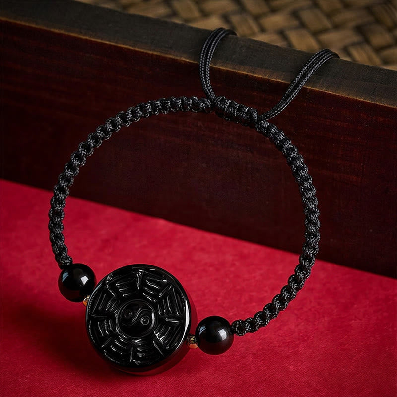 Buddha Stones 赤紐と黒曜石の丸い八卦良縁祈願ブレスレット - image 9