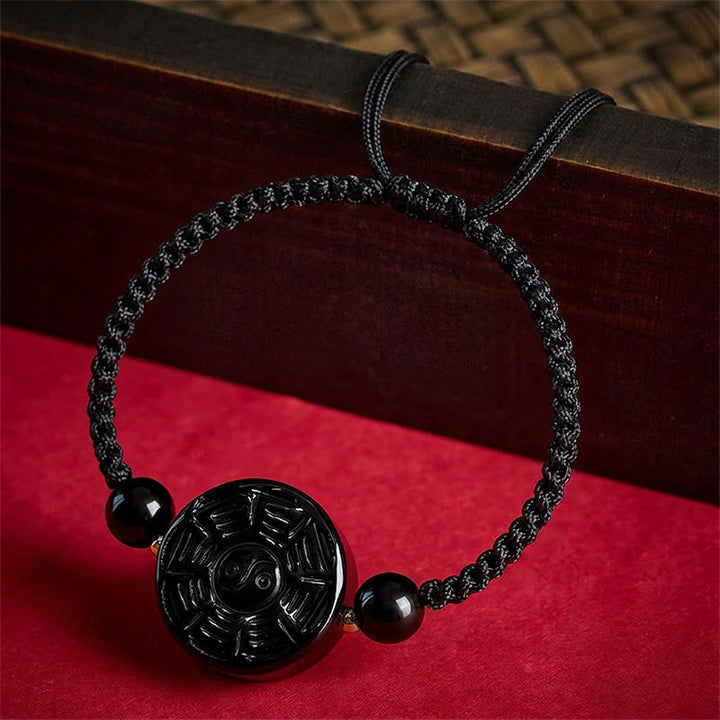 Buddha Stones 赤紐と黒曜石の丸い八卦良縁祈願ブレスレット - image 9