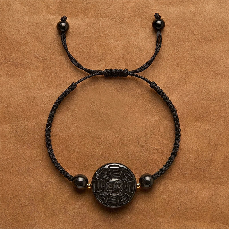 Buddha Stones 赤紐と黒曜石の丸い八卦良縁祈願ブレスレット - 黒色の紐（手首周り：15～17cm） - 約22×9mm - image 8