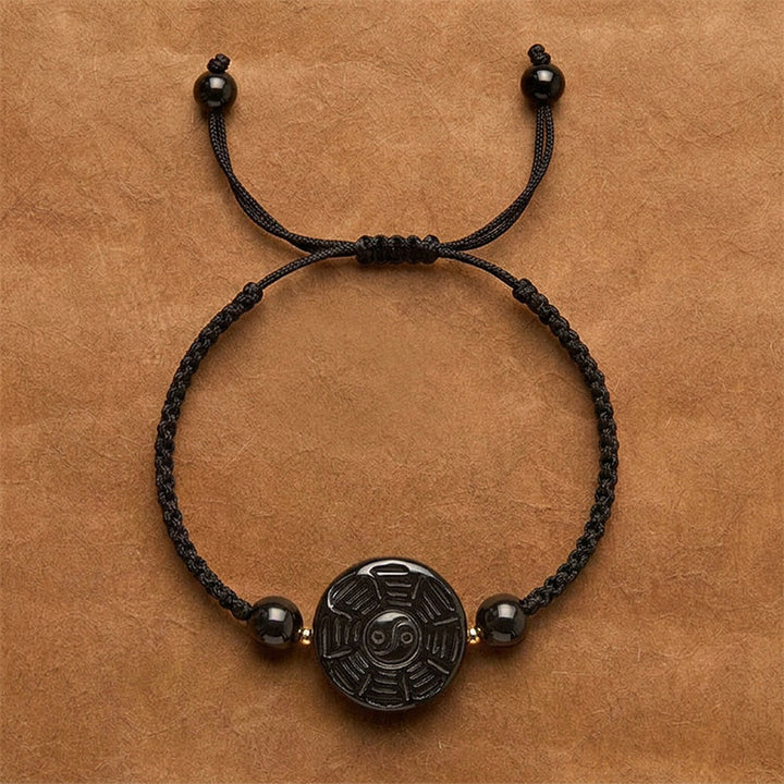 Buddha Stones 赤紐と黒曜石の丸い八卦良縁祈願ブレスレット - 黒色の紐（手首周り：15～17cm） - 約22×9mm - image 8