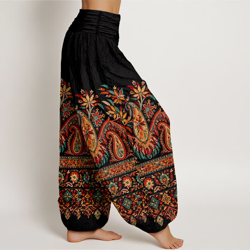 Buddha Stones コットン素材のエスニックペイズリー柄レディースゴムウエストハーレムパンツ - image 1