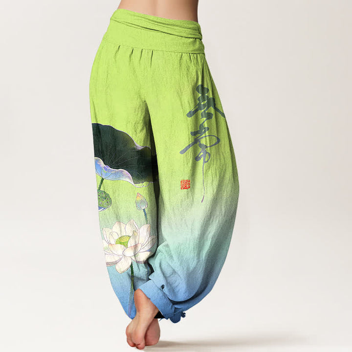 Buddha Stones コットン素材のエレガントな蓮の花柄レディースゴムウエストハーレムパンツ - image 10