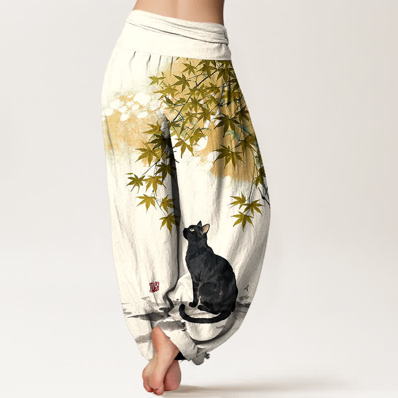 Buddha Stones 綿素材、メープルリーフ柄、猫柄、ウエストゴム入りレディースハーレムパンツ - image 10