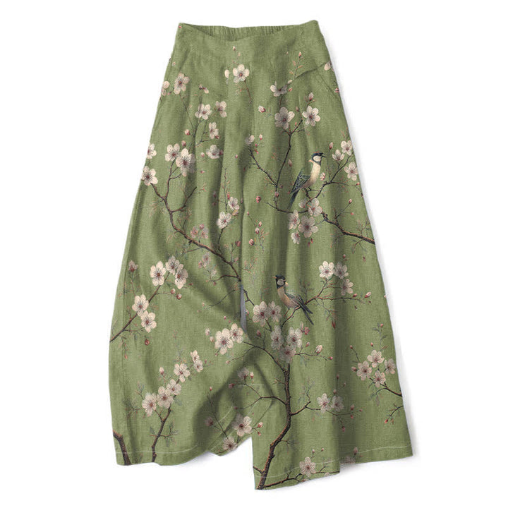 Buddha Stones コットンリネン素材、ヴィンテージ風花柄、鳥柄、レディース、ウエストゴム、ワイドレッグ、ポケット付きパンツ - オリーブドラブ - US16、 UK/AU20、 EU48 (3XL) - image 6