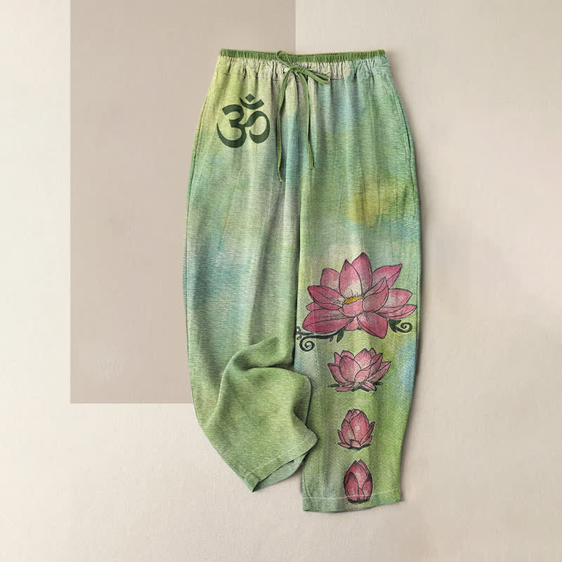 Buddha Stones 純綿素材、禅オム蓮の花柄、ウエストゴム入り、ポケット付きレディースパンツ - ライトグリーン - US16、 UK/AU20、 EU48 (3XL) - image 0