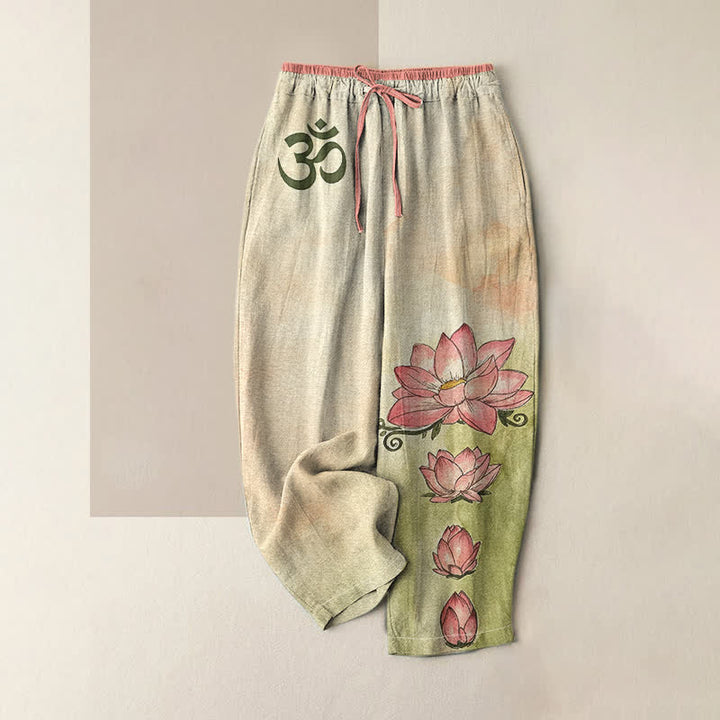 Buddha Stones 純綿素材、禅オム蓮の花柄、ウエストゴム入り、ポケット付きレディースパンツ - ペールゴールデンロッド - US16、 UK/AU20、 EU48 (3XL) - image 3