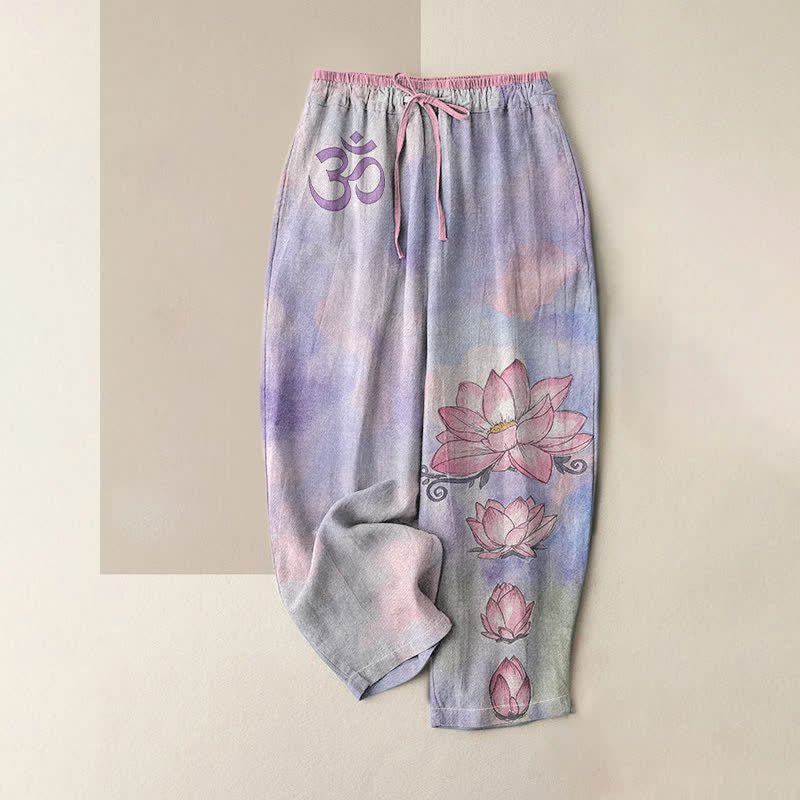 Buddha Stones 純綿素材、禅オム蓮の花柄、ウエストゴム入り、ポケット付きレディースパンツ - ミディアムパープル - US16、 UK/AU20、 EU48 (3XL) - image 4