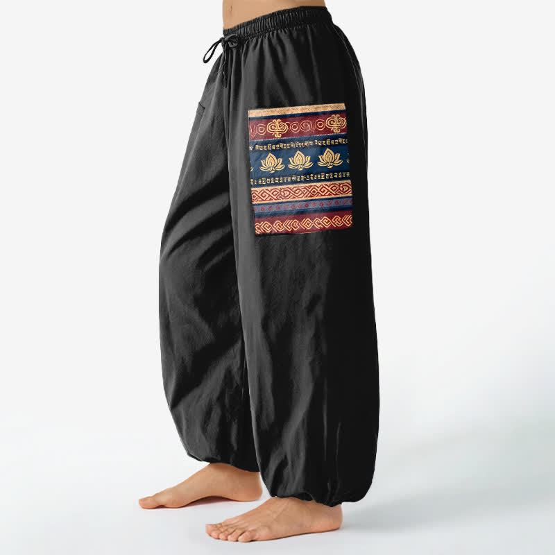 Buddha Stones コットン素材、ボヘミアンロータス幾何学模様、レディース用ゴムウエストハーレムパンツ（サイドポケット付き） - image 1