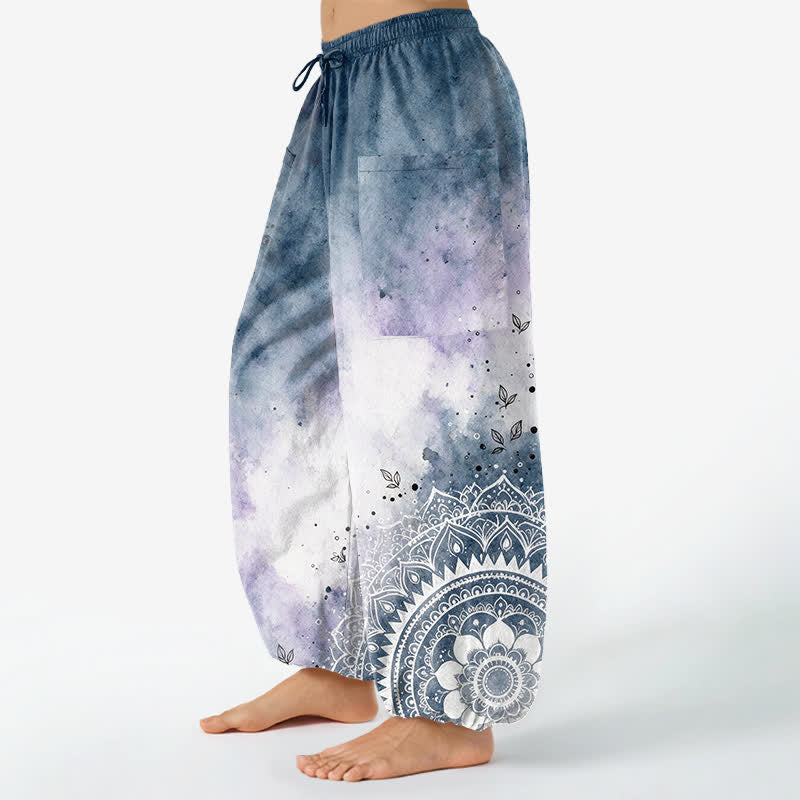 Buddha Stones コットン水彩グラデーション曼荼羅蓮模様 レディース ウエストゴム入りハーレムパンツ サイドポケット付き - image 1