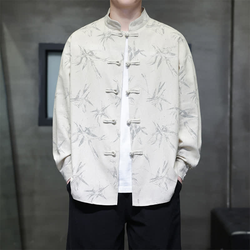 Buddha Stones 春のカジュアルスタイル　唐風　カエルボタン　竹柄　メンズ長袖シャツ - リネン - US/UK/AU46、 EU56 (5XL) - image 0