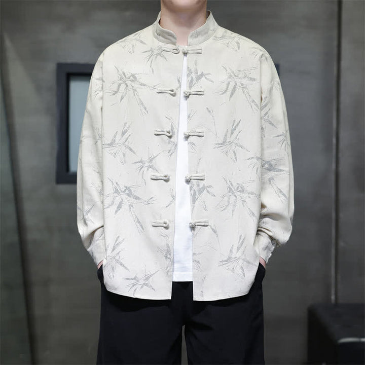 Buddha Stones 春のカジュアルスタイル　唐風　カエルボタン　竹柄　メンズ長袖シャツ - リネン - US/UK/AU46、 EU56 (5XL) - image 0