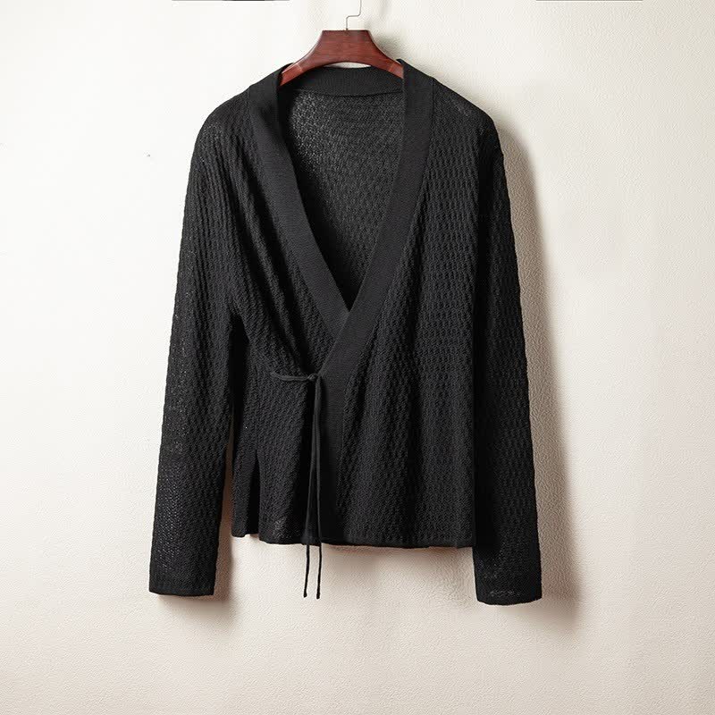 Buddha Stones 春のカジュアル無地レースアップVネックメンズ着物 - 黒 - US/UK/AU42、 EU52 (3XL) - image 0