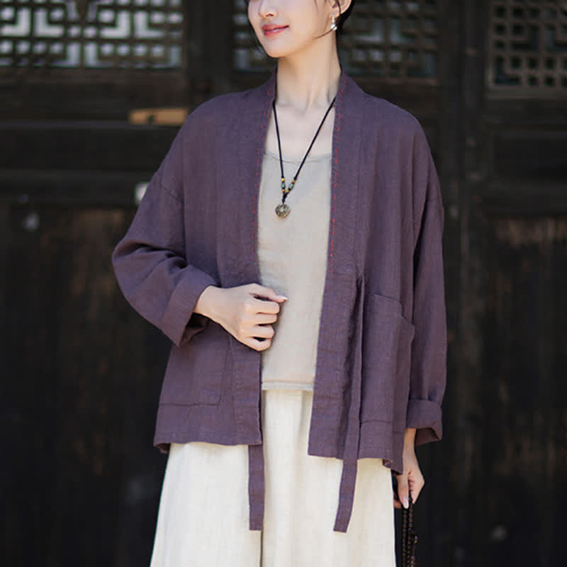 Buddha Stones 春夏カジュアルミニマリスト無地ラミーレディース着物（ポケット付き） - image 1