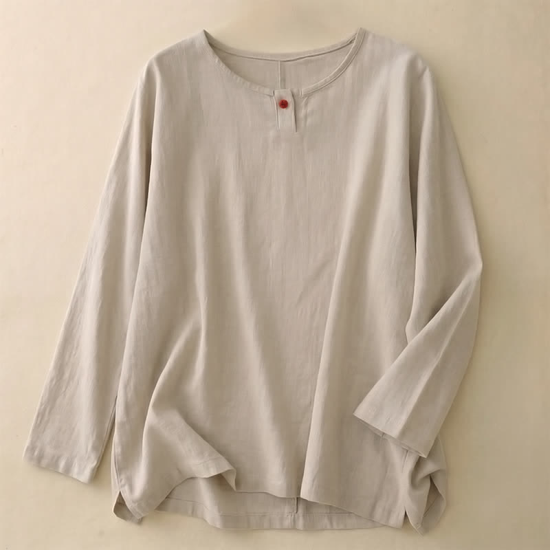 Buddha Stones 春秋カジュアルシンプル無地クルーネックデザインコットンレディース長袖Tシャツ - リネン - US14、 UK/AU18、 EU46 (2XL) - image 0