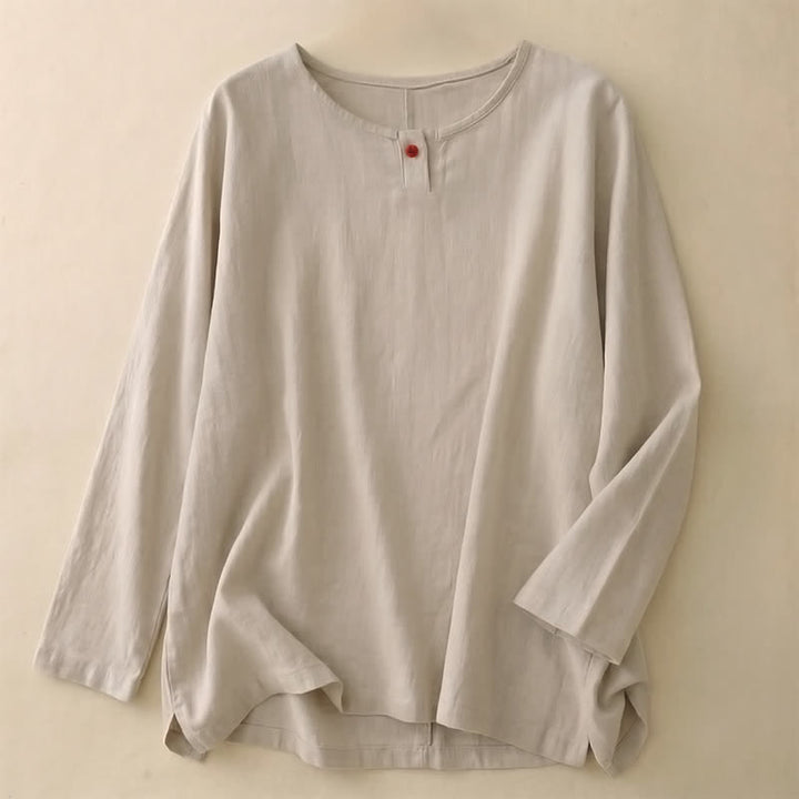 Buddha Stones 春秋カジュアルシンプル無地クルーネックデザインコットンレディース長袖Tシャツ - リネン - US14、 UK/AU18、 EU46 (2XL) - image 0